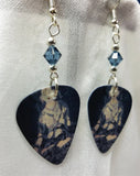 Buddhist Artwork Guitar Pick Earrings with Blue Swarovski Crystals