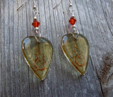 Transparent Scrolling Guitar Graphic Guitar Pick Earrings with Indian Red Crystals