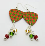 Christmas Red and Green Argyle Guitar Pick with Swarovski Crystal Dangles