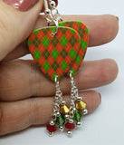 Christmas Red and Green Argyle Guitar Pick with Swarovski Crystal Dangles