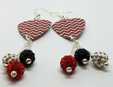 Red, Black and White Chevron Guitar Pick Earrings with Pave Bead Dangles