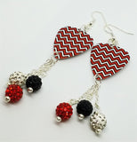 Red, Black and White Chevron Guitar Pick Earrings with Pave Bead Dangles