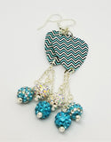 Aqua Blue Chevron Guitar Pick Earrings with Pave Bead Dangles