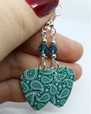 Teal Paisley Guitar Pick Earrings with Swarovski Crystals