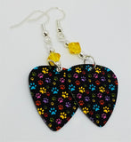 Colorful Paw Print Guitar Pick Earrings with Yellow Swarovski Crystals
