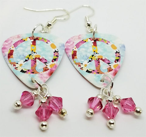 Floral Peace Sign Guitar Pick Earrings with Pink Swarovski Crystal Dangles