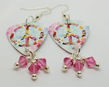 Floral Peace Sign Guitar Pick Earrings with Pink Swarovski Crystal Dangles