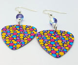 Brightly Colored Dots Guitar Pick Earrings with Purple Swarovski Crystals