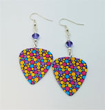 Brightly Colored Dots Guitar Pick Earrings with Purple Swarovski Crystals