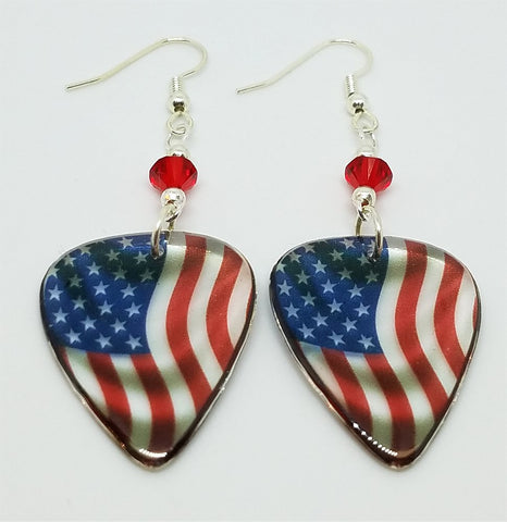 Transparent American Flag Guitar Pick Earrings with Red Swarovski Crystals