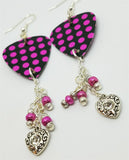 Black with Hot Pink Polka Dotted Guitar Pick Earrings with Glass Bead and Crystal Charm Dangles