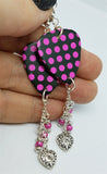 Black with Hot Pink Polka Dotted Guitar Pick Earrings with Glass Bead and Crystal Charm Dangles