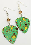 Brown and Yellow Flowered Guitar Pick Earrings with Smoked Topaz Swarovski Crystals