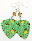 Brown and Yellow Flowered Guitar Pick Earrings with Smoked Topaz Swarovski Crystals