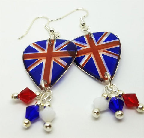Transparent British Flag Guitar Pick Earrings with Swarovski Crystal Dangles