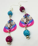 Winged Tire Guitar Pick Earrings with Fuchsia and Turquoise Pave Beads