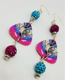 Winged Tire Guitar Pick Earrings with Fuchsia and Turquoise Pave Beads