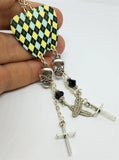 Black, Yellow and Blue Argyle Guitar Pick with Silver Charm Dangles