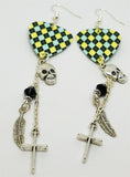 Black, Yellow and Blue Argyle Guitar Pick with Silver Charm Dangles