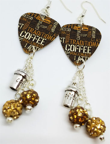 Coffee Lovers Guitar Pick Earrings with Coffee Cup Charm and Pave Bead Dangles