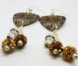 Coffee Lovers Guitar Pick Earrings with Coffee Cup Charm and Pave Bead Dangles