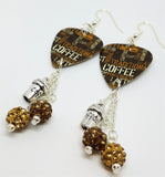 Coffee Lovers Guitar Pick Earrings with Coffee Cup Charm and Pave Bead Dangles