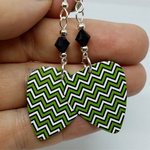 Green, White and Black Chevron Guitar Pick Earrings with Black Swarovski Crystals