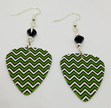 Green, White and Black Chevron Guitar Pick Earrings with Black Swarovski Crystals