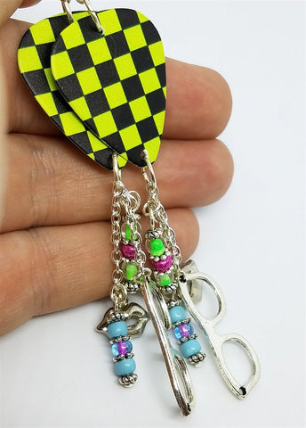 Black and Neon Green Checkered Guitar Pick Earrings with Silver Charm and Glass Bead Dangles