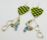 Black and Neon Green Checkered Guitar Pick Earrings with Silver Charm and Glass Bead Dangles