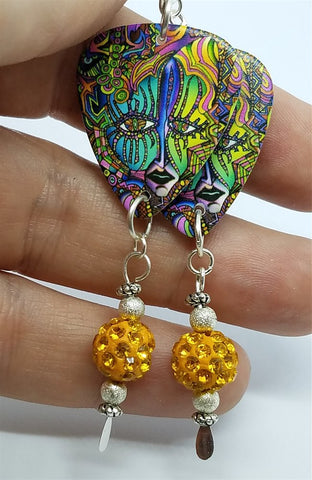 Colorful Funky Psychedelic Abstract Masked Face Guitar Guitar Pick Earrings with Orange Pave Beads