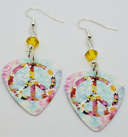 Floral Peace Sign Guitar Pick Earrings with Yellow Swarovski Crystals