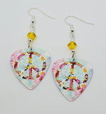 Floral Peace Sign Guitar Pick Earrings with Yellow Swarovski Crystals