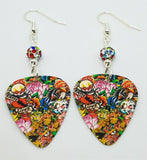 Tattoo Art Guitar Pick Earrings with MultiColor Pave Beads