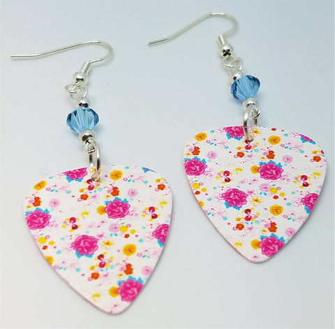 Pink Rose Guitar Pick Earrings with Blue Swarovski Crystals