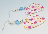 Pink Rose Guitar Pick Earrings with Blue Swarovski Crystals