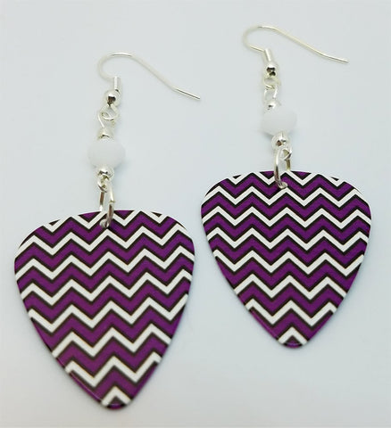 CLEARANCE Purple, White and Black Chevron Guitar Pick Earrings with White Swarovski Crystals