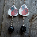 Electric Guitar Picture Guitar Pick Earrings with Black Studded Rhinestone Bead Dangles