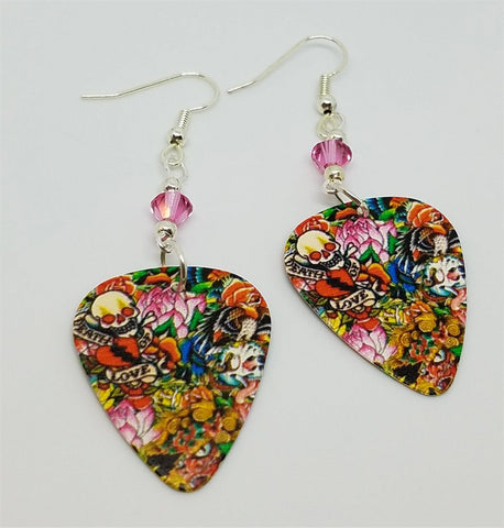 Tattoo Art Guitar Pick Earrings with Pink Swarovski Crystals