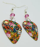 Tattoo Art Guitar Pick Earrings with Pink Swarovski Crystals