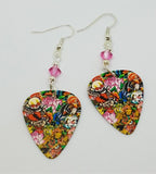 Tattoo Art Guitar Pick Earrings with Pink Swarovski Crystals