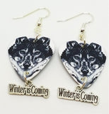 Black and White Wolf Guitar Pick Earrings with Winter is Coming Charm Dangles