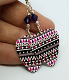 Pink, Purple and Black Patterned Guitar Pick Earrings with Purple Swarovski Crystals