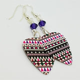 Pink, Purple and Black Patterned Guitar Pick Earrings with Purple Swarovski Crystals