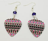 Pink, Purple and Black Patterned Guitar Pick Earrings with Purple Swarovski Crystals
