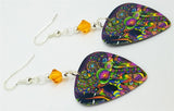 Colorful Funky Psychedelic Abstract Guitar Pick Earrings with Orange Swarovski Crystals