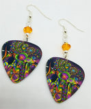 Colorful Funky Psychedelic Abstract Guitar Pick Earrings with Orange Swarovski Crystals
