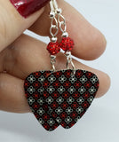 Black, Red and White Flowered Guitar Pick Earrings with Red Pave Beads