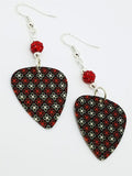 Black, Red and White Flowered Guitar Pick Earrings with Red Pave Beads