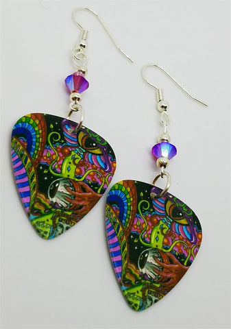 Colorful Funky Psychedelic Abstract Eyeball Guitar Pick Earrings with Fuchsia Swarovski Crystals